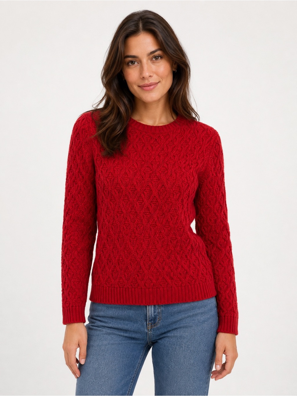 Jeanne Pierre Womens Small Red 100% Cotton Cable Knit Crewneck Sweater
